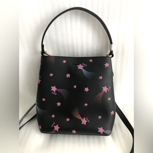 New coach Town Bucket Bag Pink Disco Star Print Black Leather Purse - Picture 5 of 9